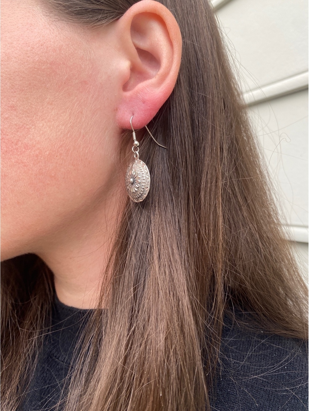 Vintage Sterling Silver Floral Engraved Round Dangle Earrings
